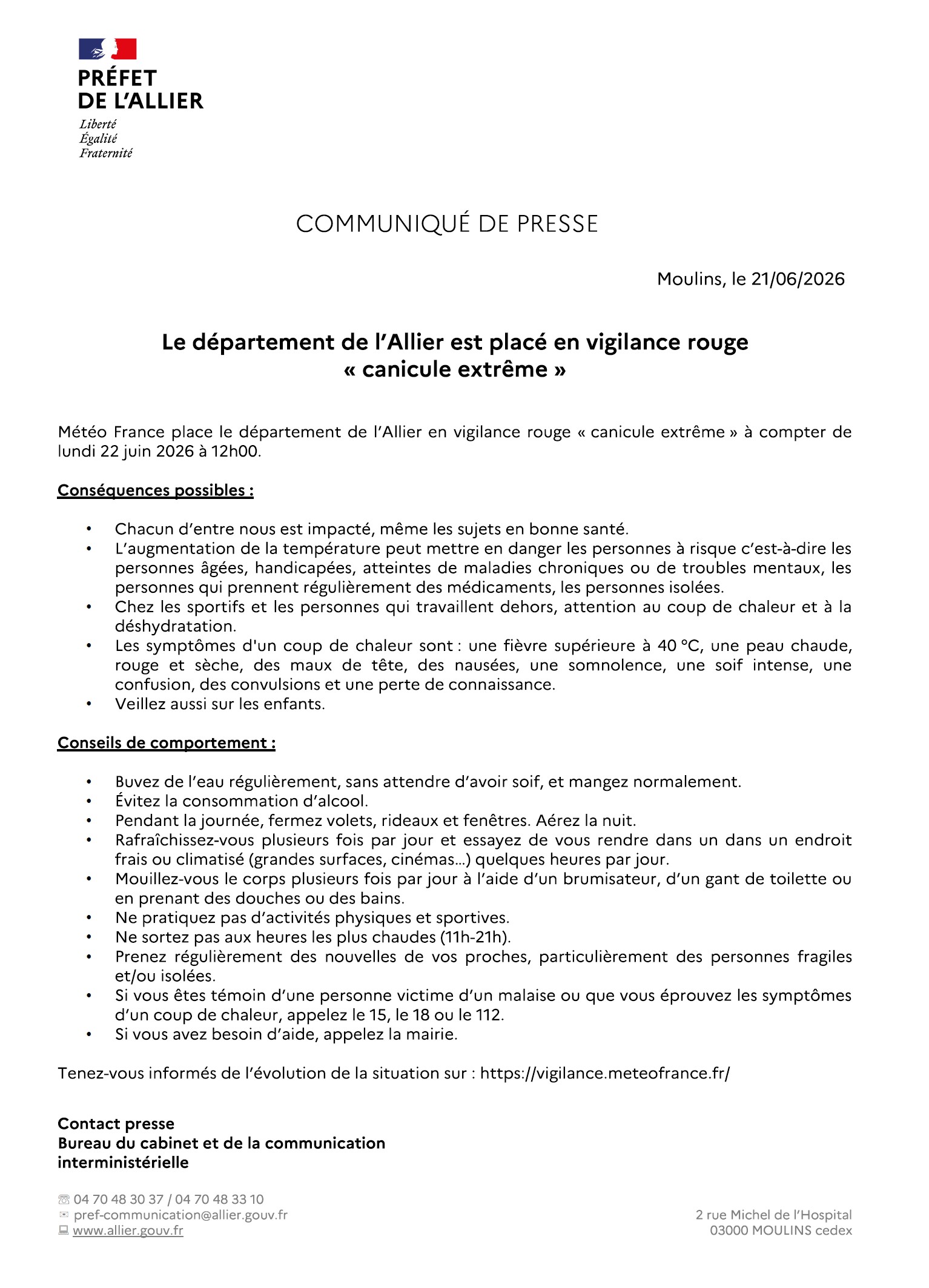 Préfecture : communiqué de presse